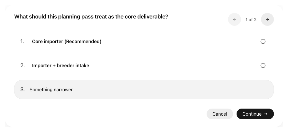 Questioner showing the custom answer row active with a typed response.